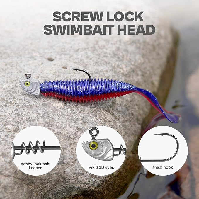 15-Pack Screw Lock Swimbait Jig Heads – 3D Chartreuse Eyes 1/8 3/16 1/4 3/8 1/2 oz, 3/0 & 4/0 Fishing Hooks