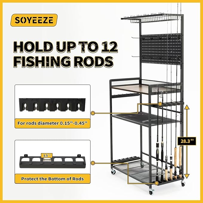 SOYEEZE Fishing Rod Holders for Garage,Fishing Gear Holder for Fishing Rod Tackle Box Storage，Fishing Pole Holders for 12 Rods with Hooks and Pegboard,Fishing Cart with Reel Rack, Large Size
