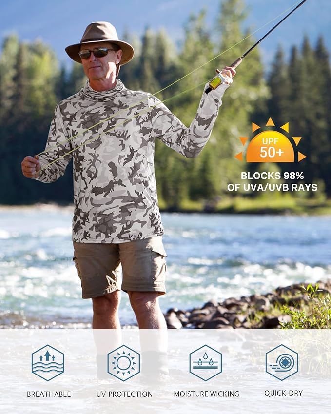 FISHEAL Men's Performance Fishing Hoodie Shirt - UPF 50+ Sun Protection Long Sleeve Thumbholes Shirts with Neck Gaiter