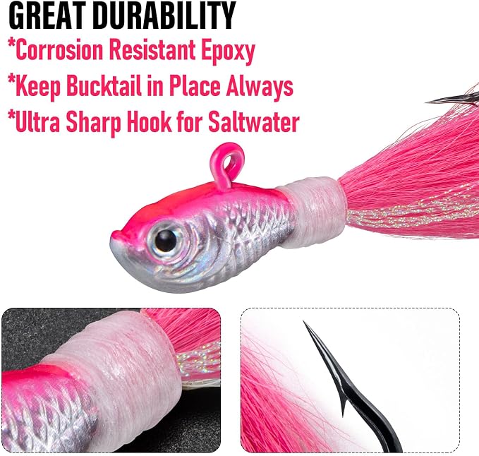 Dr.Fish 3 Pack Bucktail Jig Lure Hair Jig Saltwater Freshwater Lures Surf Fishing Bass Flounder Striper Bluefish Halibut Redfish