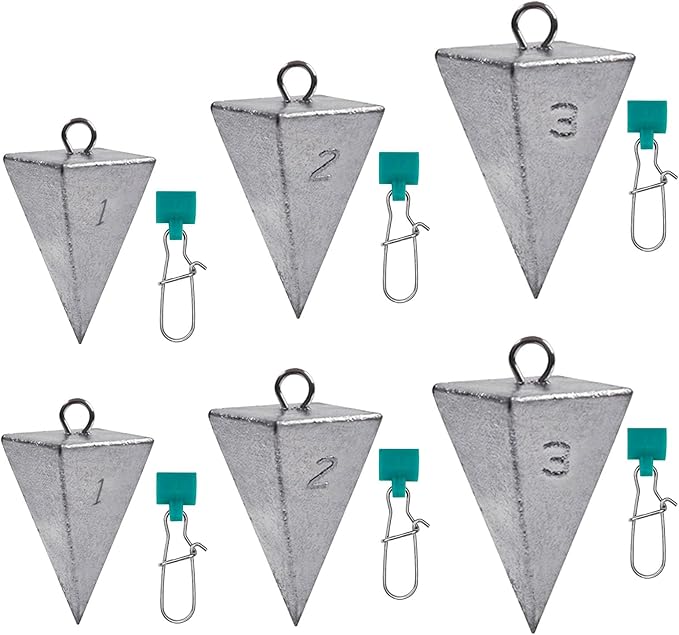 SIWIRIOM Pyramid Sinkers for Surf & Saltwater 6 Pack Fishing Weights Lead Sinkers with Slider Universal Connectors, Fishing Weights Assortment Kits Fishing Gear Tackle 1oz 2oz 3oz