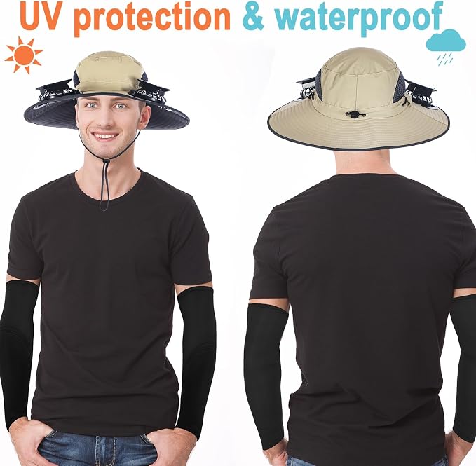 Glitopper 2 Set Wide Brim Solar Fan Hats with 2 Solar Fan and Arm Sleeves Set Outdoor Fishing Bucket Hat for Men Women Hiking
