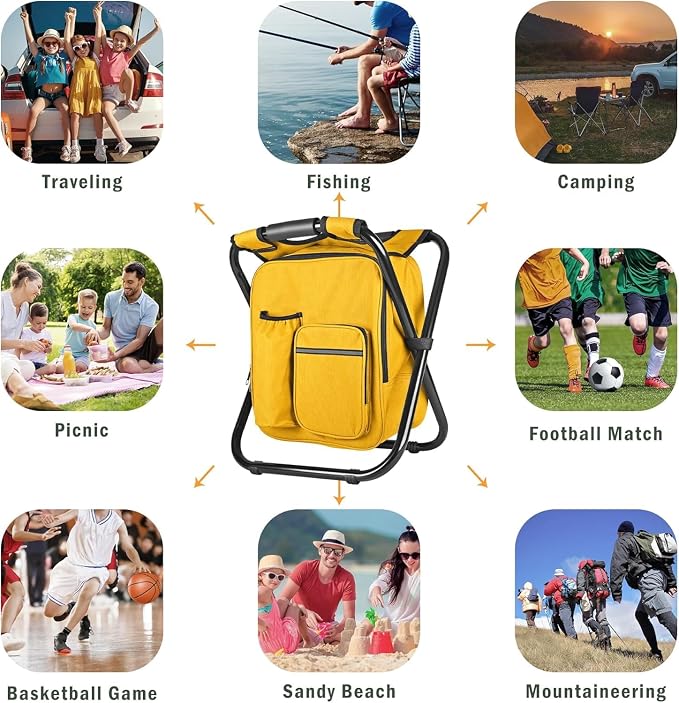 Kikerike Backpack Stool Cooler Chair Heavy Duty 300 LBS Max Load Portable Lightweight Stool Backpack Folding Fishing Cooler Seat for Camping Hunting Fishing - Yellow