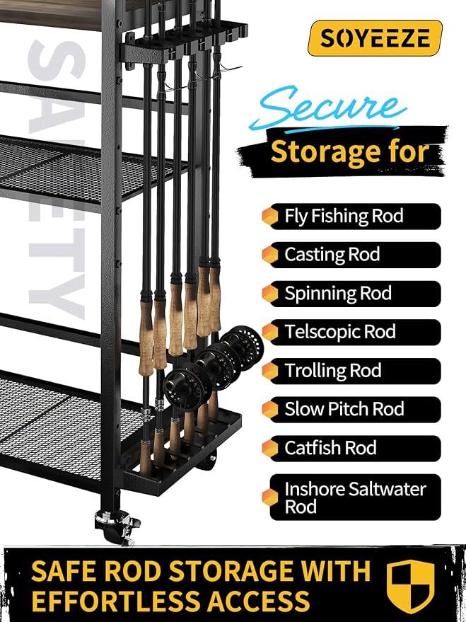 SOYEEZE Fishing Rod Holders for Garage,Fishing Gear Holder for Fishing Rod Tackle Box Storage，Fishing Pole Holders for 12 Rods with Hooks and Pegboard,Fishing Cart with Reel Rack, Standard Size