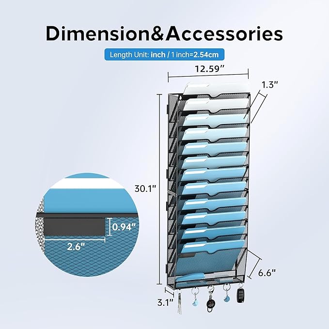 SUPEASY 13-Tier Wall File Holder Organizer with Hooks, Mesh Hanging File Organizer, Mail Organizer Wall Mounted for Papers, Folders, Office Magazine Rack, Assembly Needed, Black 2 pack