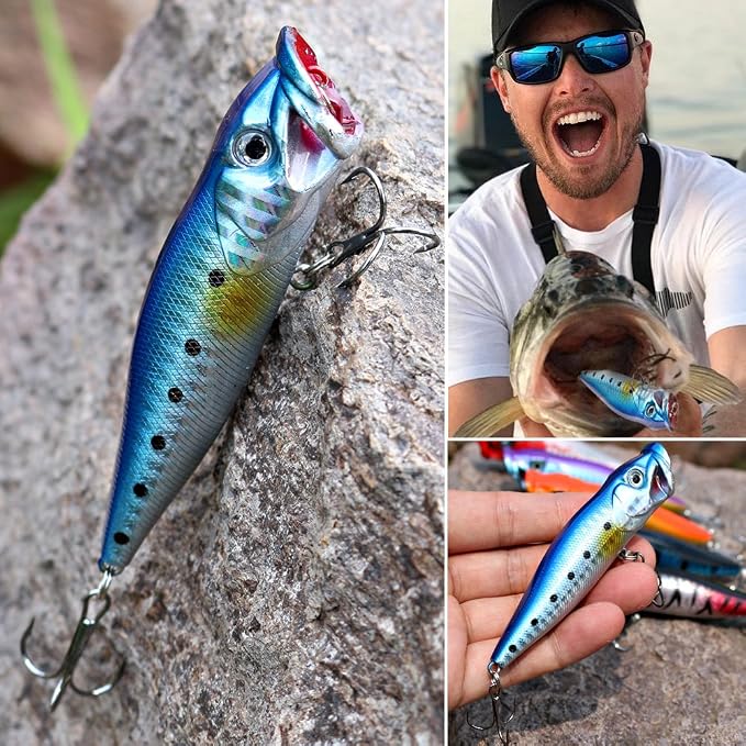 Sougayilang Fishing Lures Large Hard Bait Minnow VIB Lure with Treble Hook Life-Like Swimbait Fishing Bait Popper Crankbait Vibe Sinking Lure for Bass Trout Walleye Redfish
