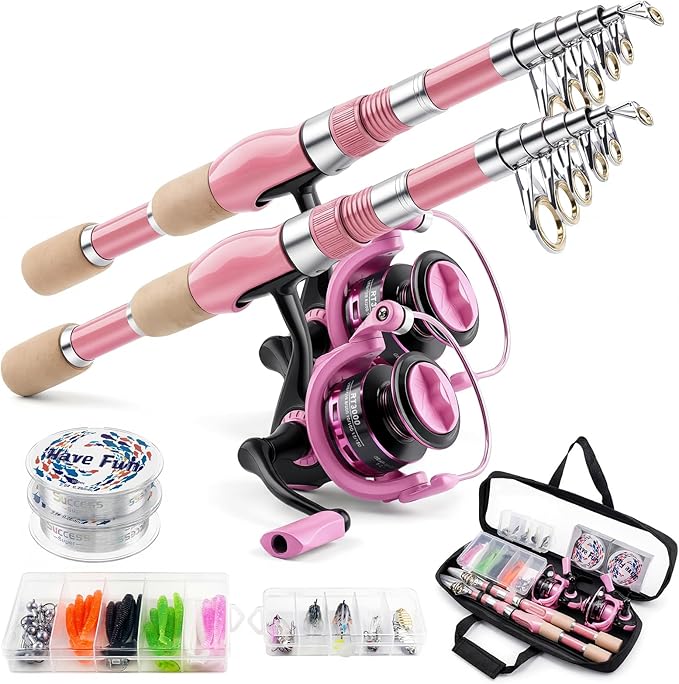 2PCS Pink Telescopic Fishing Rod Reel Combo, Portable Collapsible Spinning Pole with Smooth Reel, Lures Tackle Box Kit, Travel Bag Saltwater Freshwater Fishing Gear Gift for Women Girls Family