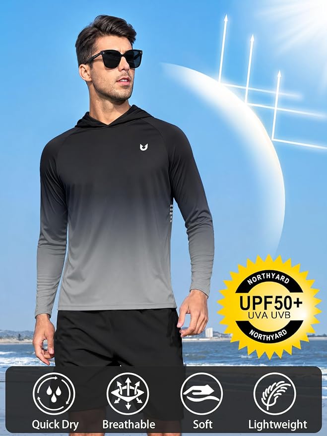 NORTHYARD Men's UPF 50+ Rash Guard Hoodie Long Sleeve Sun Protection Shirt Fishing Swim Beach Hiking Quick Dry Lightweight