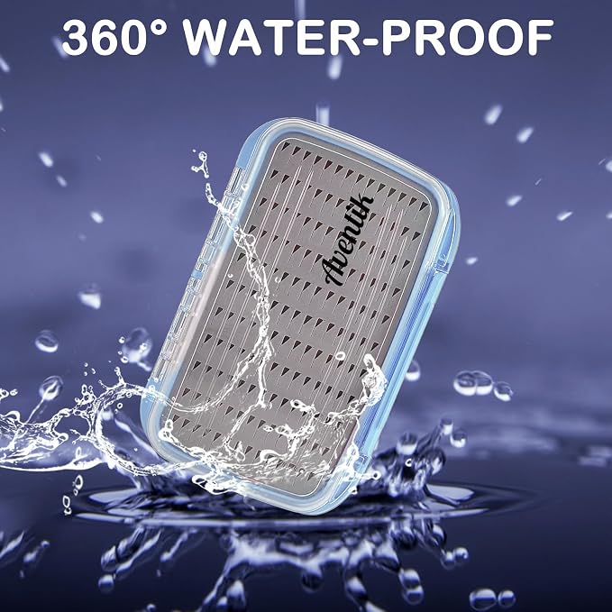 Aventik Waterproof Clear Fly Box Double Sides Floating Lightweight Fly Fishing Case Large Capacity Grip Foam Nymph Wet Dry Flies Lure Box(H18 Blue, SIZE C:7.32X4.56X1.57inch)