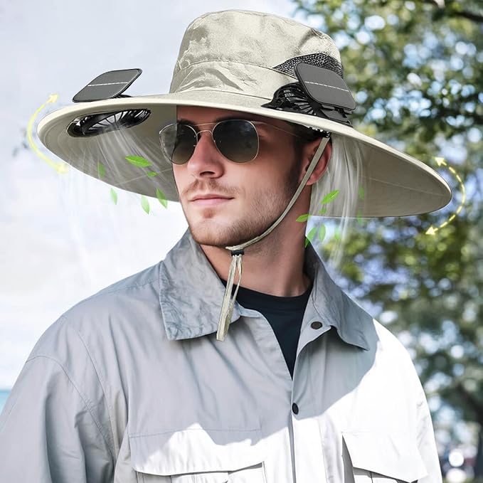 Solar Powered Fan Hat for Men Women Wide Brim Hat with 2 Fans UPF 50+ Outdoor Fishing Beach Sun Hat
