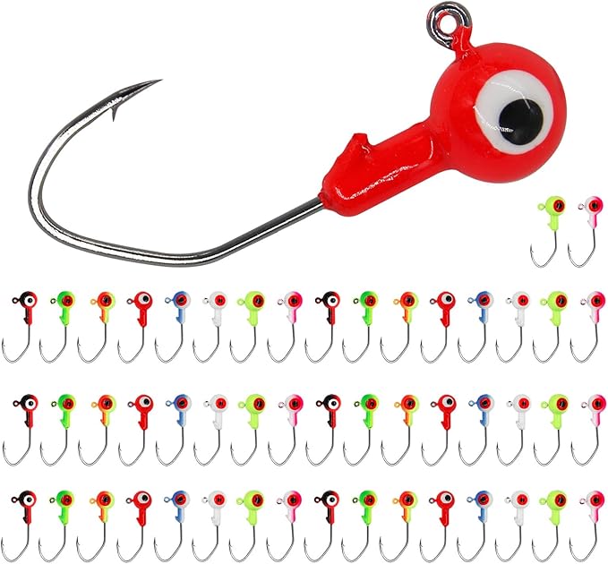 50pcs Fishing Jig Head Hooks kit, Round Ball Fishing Jigs with 3D Eyes Carbon Steel Hooks for Soft Lures Bass Freshwater Saltwater 1/8oz 1/6oz 1/4oz 1/16oz 1/35oz