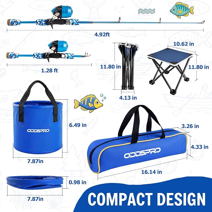 ODDSPRO Kids Fishing Pole - Portable Kids Fishing Rod and Reel Combo, Kids Fishing Gear with Tackle Box, Spincast Reel, Collapsible Chair and Bucket, Fishing Pole for Kids Boys Girls Toddler Youth 3+