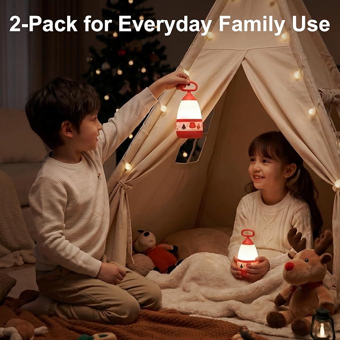 2-Pack Kids Camping Lantern & Night Light, Battery Operated, 360° Eye-Safe Light, Santa Decor, IPX4 Waterproof Fun Everyday Gift (Christmas, 6× AAA Included)