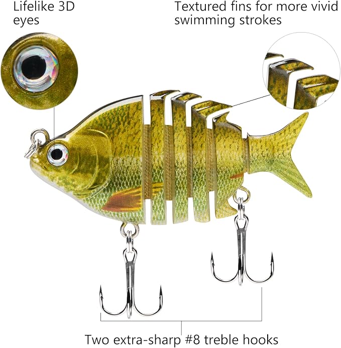 Bassdash SwimPanfish 0.34oz Hard Swimbaits Multi Jointed Topwater Trout Bass Fishing Crank Lure for Freshwater and Saltwater
