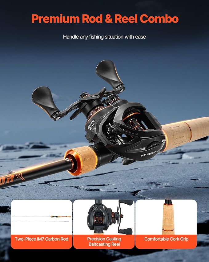 VEVOR Rod and Fishing Reel Combo, IM6/7 Carbon Fiber Spinning/Baitcasting Rod and Reel Combo, Bass Fishing Pole, Stainless Steel Guides with Ceramic Rings