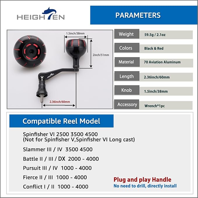 HEIGHTEN Fishing Reel Handle for Penn Spinfisher VI/Slammer III IV/Battle II III DX/Pursuit III IV/Fierce II III