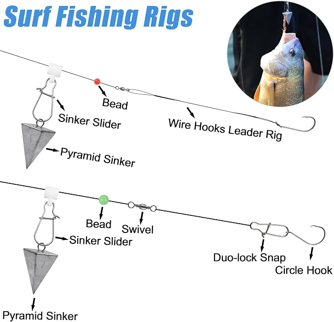 Saltwater Surf Starter Fishing Tackle Kit - 98pcs Surf Fishing Rig Fish Finder Rig Live Bait Rigs Pyramid Weights Fishing Hooks Swivels Sinker Slider Surf Begginner Fishing Tackle Accessories