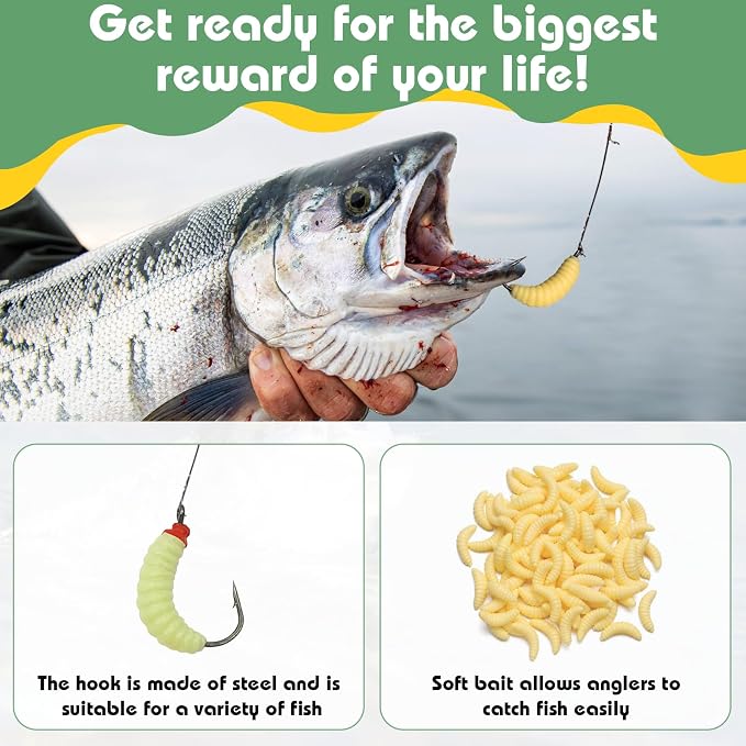 50PCS Bluegill Hooks Fishing Worms – 30PCS 22mm Soft Rubber Worms & 20PCS Maggot Bait for Bass, Panfish, and Trout, Bluegill Lures for Freshwater Fishing with Natural Nlbn Action