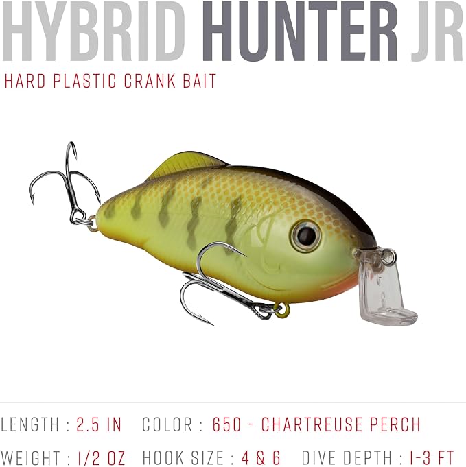 Strike King Hybrid Hunter Shallow Jr. Fishing Lure, Shallow Diving Crankbait, 90-Degree Bill, 3D Eyes, Loud Rattle, Dives 1 to 3-Feet,Size 4 & 6 Treble Hooks