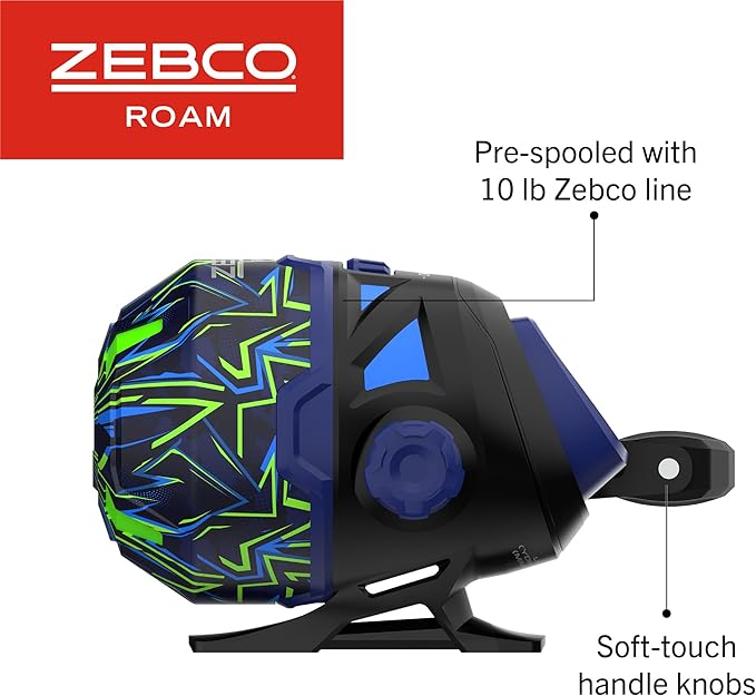 Zebco Roam Spincast Reel and Fishing Rod Combo, 6-Foot 2-Piece Fiberglass Fishing Pole with ComfortGrip Handle, Quickset Anti-Reverse Fishing Reel, Pre-Spooled with 10-Pound Zebco Line