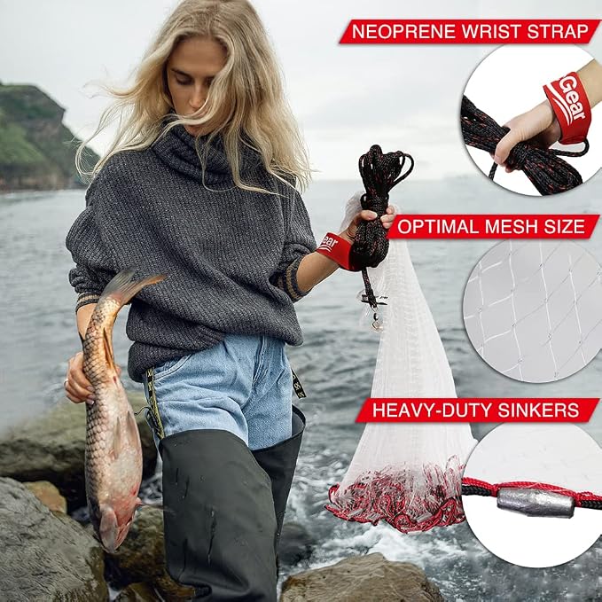 BasicGear Cast Net | Lead, 3ft-12ft Radius, 3/8 or 1/4 inch Mesh for Freshwater and Saltwater Bait Fish| Professional Grade and Upgraded Material | Throw Style