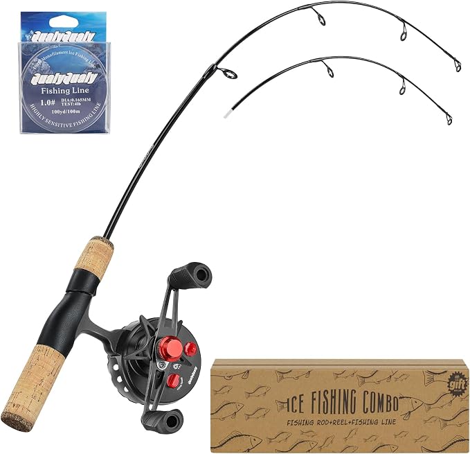 QualyQualy Ice Fishing Rod and Reel Combo 24 inch M/ML Inline Ice Fishing Combos 2 Different Tips for Walleye Perch Panfish and Trout