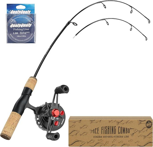 QualyQualy Ice Fishing Rod and Reel Combo 24 inch M/ML Inline Ice Fishing Combos 2 Different Tips for Walleye Perch Panfish and Trout
