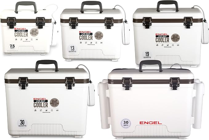 Engel Live Bait Cooler Box with 2nd Gen 2-Speed Aerator Pump - Portable Fishing Station & Minnow Bucket for Shrimp & Other Live Fish with Aerator - ENGLBC-N