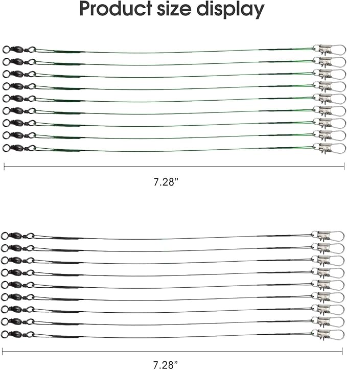 Stainless Steel Fishing Wire Leaders, Black Coated & Uncoated Options, Heavy Strength 31–100LB, 6–21in Multi Sizes with Rolling Swivels Snaps for Salt Fresh Water Shark Pike Barracuda