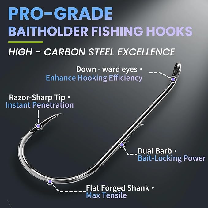 Baitholder Fishing Hooks 50Pcs Bait Holder Hooks Offset/Double Barbed/Long Shank/Down Eye for Soft Live Baits Saltwater