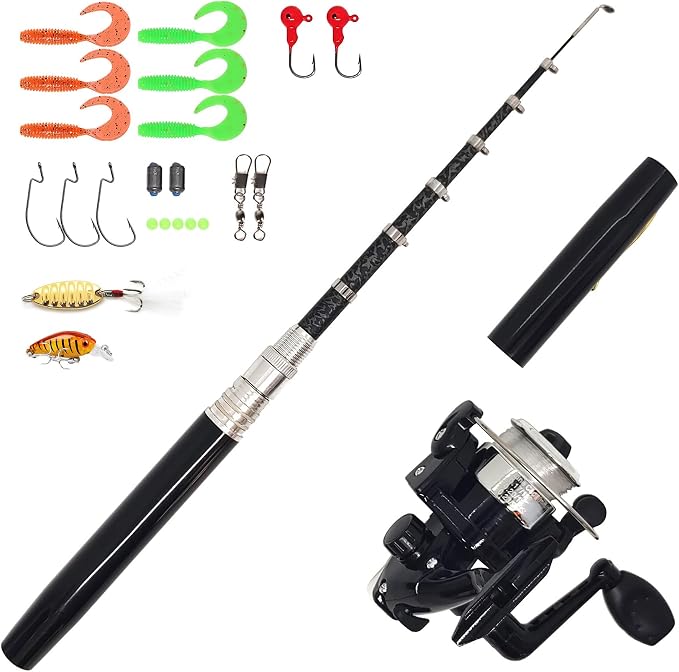 Portable Small Pen Fishing Rod Spinning Reel Combos, 38" 55" Compact Telescopic Fish Pole Kits for All Season Fishing in Rivers, Lakes, Ice, etc.