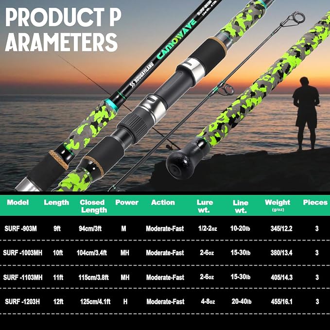 Sougayilang Surf Spinning Fishing Rod Carbon Travel Surf Rod M/MH 3 Piece Spinning Fishing Rod 9'/10'/11'/12'