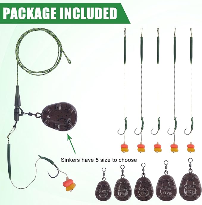 Carp Fishing Rigs Kit Carp Hair Rig with Carp Sinker Weights Carp Hooks Corn Bait Leader Rigs Quick Change Rolling Swivels Sleeves Carp Fishing Equipment Accessories