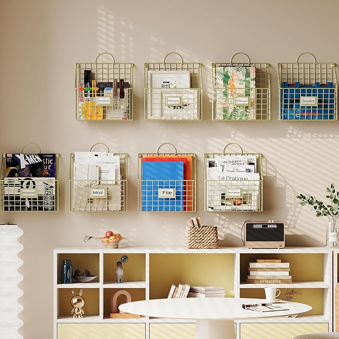 Wall File Organizer Mesh Hanging Wall Files Holder,Magazine Rack and Mail Basket with Hooks, Office Wall Organizer for Papers Folders Files Clipboard 4 Packs, Gold(Patent Pending)
