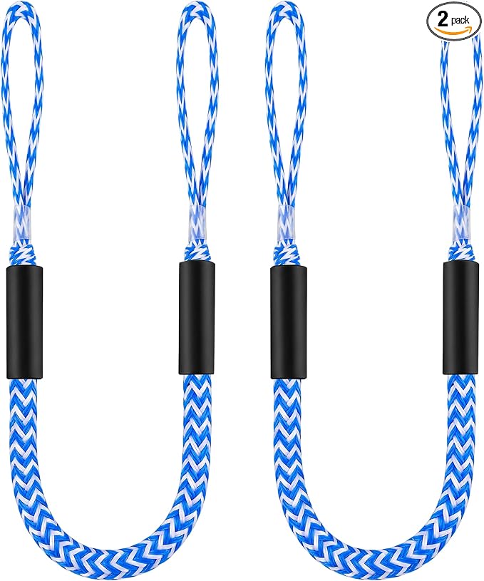 Boat Bungee Dock Lines, Scratch-Free Loop Ends Mooring Rope, Shock Absorbing Pontoon Tie Down Accessories Compatible with Models for Jet Ski（3ft-2 Pack-Blue&White Stripes）