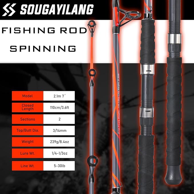Sougayilang Spinning Rods, Strong Carbon&Glass Composite Fishing Pole with Stainless Steel Line Guides for Catfish- 7'0"