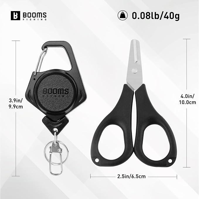 Booms Fishing Scissors for Braided Line: Braided Line Cutter with Zinger Retractor for Saltwater and Freshwater - Micro Serrated Shears Multi-Function Fishing Snips, S01 3.9" Black
