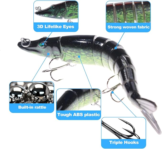 Bass Fishing Lures, Jointed Swimbait Glide Bait for Bass, Trout & Pike – Lifelike Fishing Lure with 3D Eyes, Built-in Rattle Chamber, Triple Hook – Realistic Fishing Lures for Freshwater & Saltwater