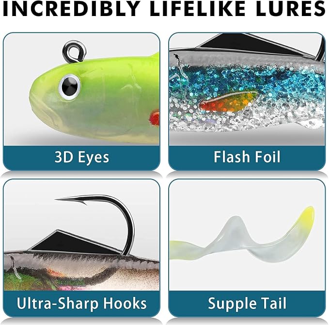 GOTOUR Pre-Rigged Soft Fishing Lures with Weedless Hook, Lifelike Paddle Tail Swimbaits for Bass Fishing, Freshwater & Saltwater Fishing Bait, Fishing Tackle for Bass, Pike, Trout, and Walleye