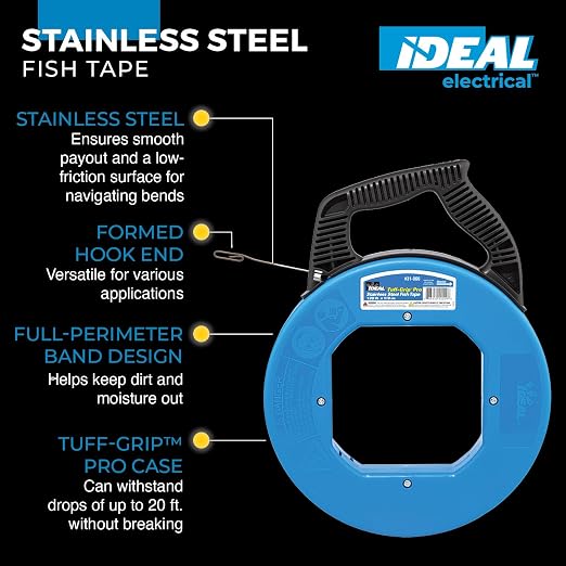 IDEAL Electrical 31-066 Stainless Steel Fish Tape – 120 ft. Stainless Steel Fish Tape w/ Formed Hook & Tuff-Grip Pro Case, Non-Oily Finish, Laser Etched Increments