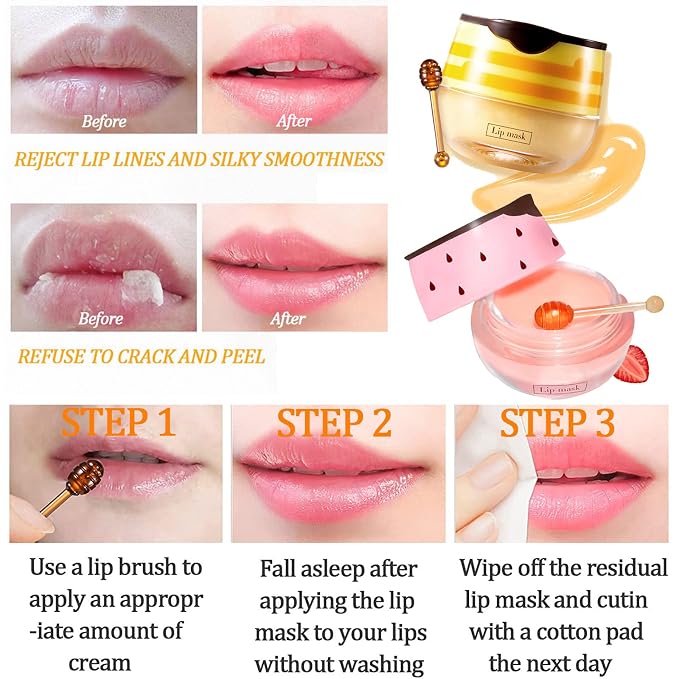 Bee Lip Balm Honey Pot, 4 Pack Honey & Strawberry Lip Mask Propolis Lip Mask Moisturizing Hydrating Prevention Dry and Cracked Lip Scrubs Exfoliator (2 Honey+2 Strawberry) (D#)