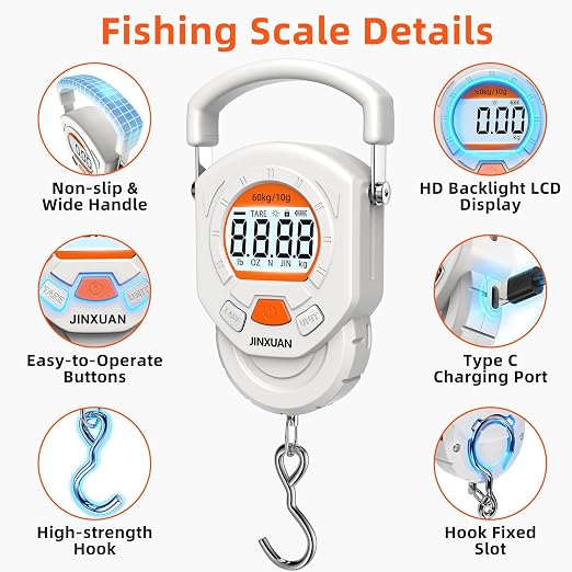 Fishing Scale Luggage Scale 132lb/60kg Digital Fish Scale, Fish Weight Scale with Backlit LCD Display, Luggage Weight Scale with 4 Units, 2 AAA Batteries, Hanging Scale for Fishermen Travelers