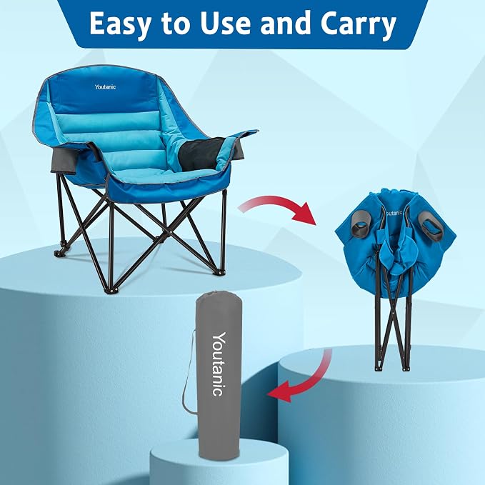 Youtanic Oversized Camping Chair, Portable Folding Camping Chairs with Side Pocket, Cup Holder and Carry Bag, Heavy Duty Outdoor Camping Chairs for Adults, Fishing, Sports, Trip, up to 400lbs, Style 1