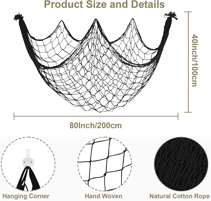 Fish Net Decorations for Party - 80x40 in Black Fishing Net Decor Halloween Gothic Pirate Party Decorations, 3mm Natural Cotton Decorative Netting Table Runner Photo Display Backdrop Wall Decor
