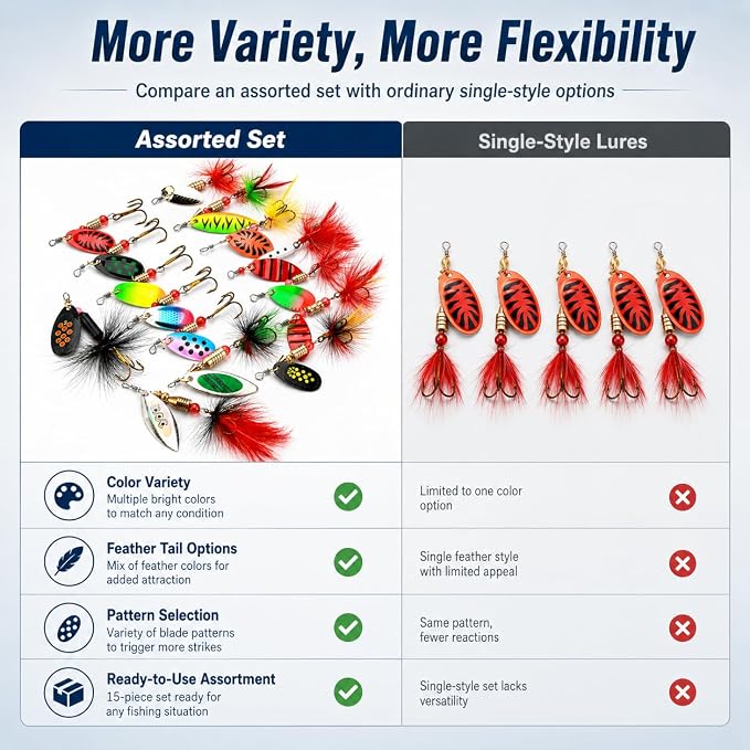Fishing Spinner Lures Kit 10/15/16/20PCS, Inline Spinner Baits with Treble Hooks and Feather Tails, Metal Fishing Lures for Trout Bass Salmon Panfish, Multi-Color Freshwater Fishing Tackle Set