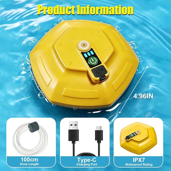IPX7 Floating Rechargeable Bait Aerator, Portable Oxygen Pump for Live Minnow Bucket & Fish Tank, Ultra-Quiet Waterproof Bubbler for Fishing Trips & Bait Transportation
