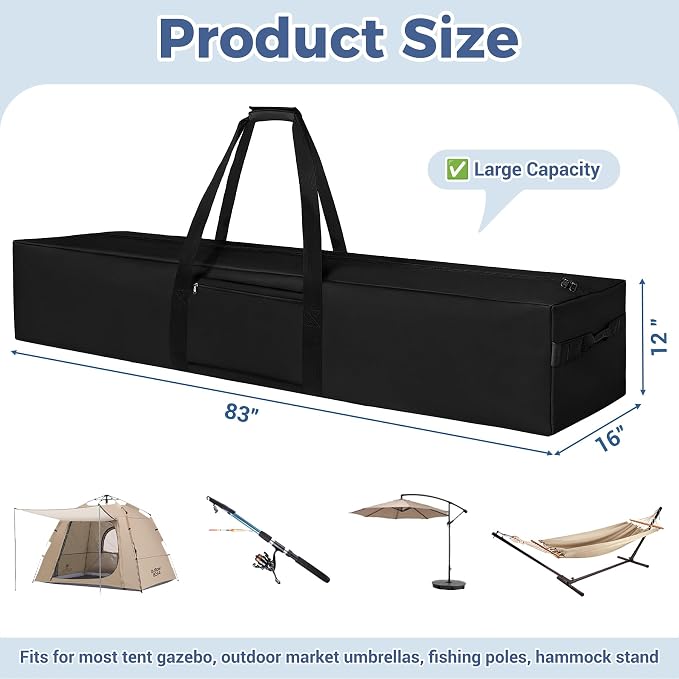 COOLBEBE 83" x 16" x 12" Extra Large Tent Storage Bag - 260L Heavy Duty Waterproof Duffle Bag for Tent Poles, Canopy, Hammock, Tripod, Fishing Gear, Sports Equipment & Outdoor Moving, Black
