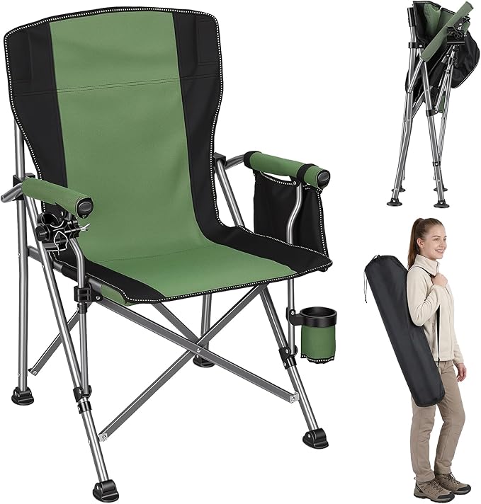 Folding Fishing Chair with Rod Holder, 150Kg Heavy Duty All Terrain Chair with Side Pocket, Cup Holder, Portable Adults Armchair for Outdoor, Camping, Garden, Beach, Lawn Black Green
