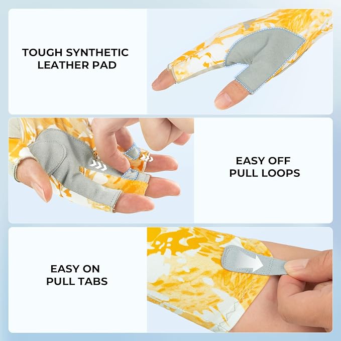 KastKing Agies Fishing Gloves Men, UPF 50+ Sun Gloves UV Protection, Cooling Quick-Dry 3/4 Fingerless Gloves with Extended Cuff, Microfiber Palm & Pull Tabs, for Fishing, Kayaking, Hiking, Hunting