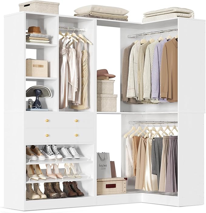 Closet System with 2 Drawers, 3 Hanging Rods, 59.5" * 31.5" Closet Organizer System with Corner Tower, Reversible L Shaped Walk-in Closet System, Corner Closet System Set of 2, White